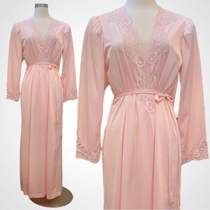 OLGA Silky Nylon Pastel Pink Lace Vintage Bodysilk Kimono Puff Sleeve Maxi Robe🔥